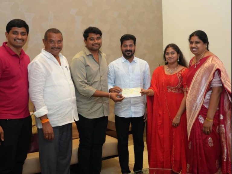 MLA Bathula Lakshma Reddy presented a cheque of Rs. 2 crore to CM Revanth Reddy