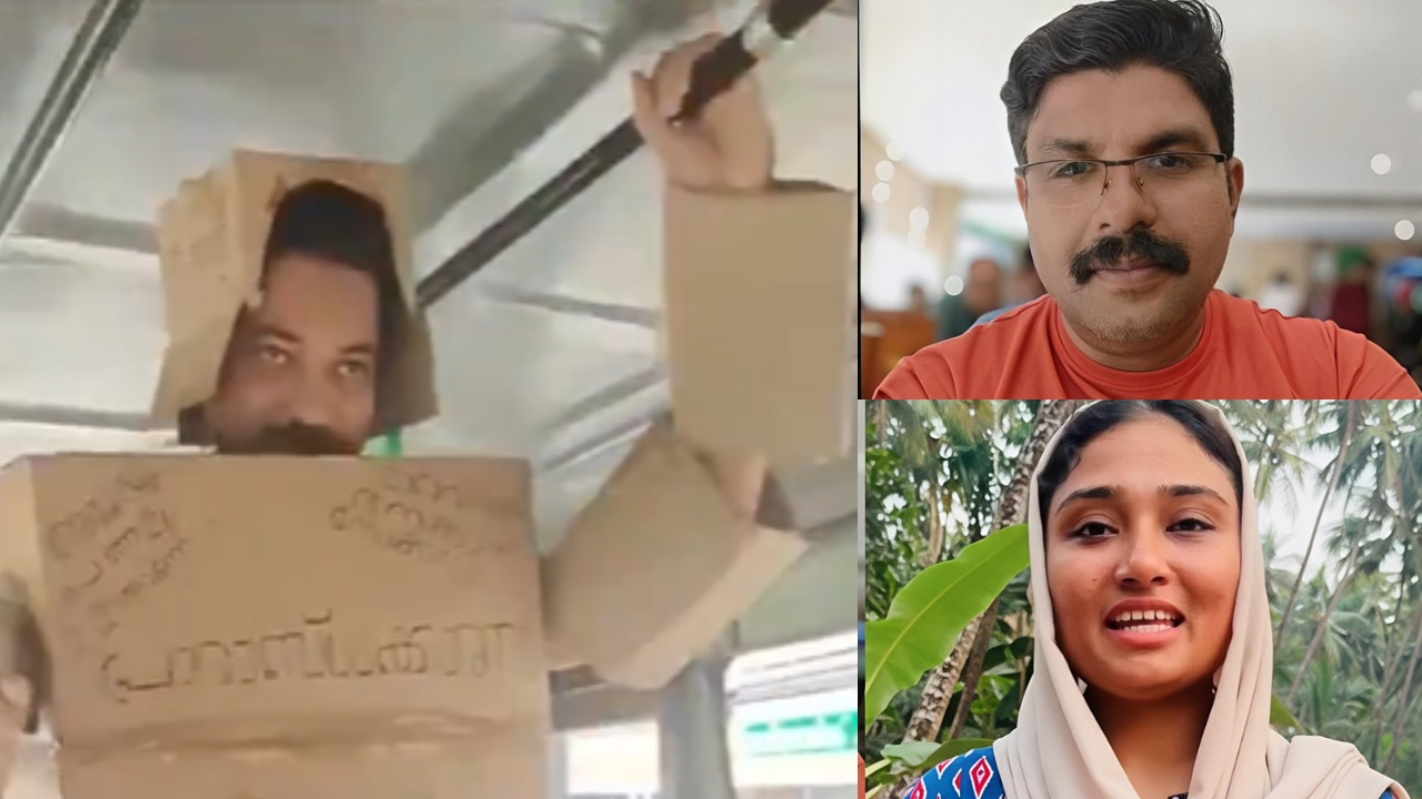 Conductors and passengers wearing cardboard boxes