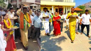 AP Minister Ramprasad Reddy presented silk clothes to Ram Lori while wearing sandals