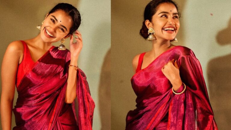 Anupama Parameswaran wearing maroon saree